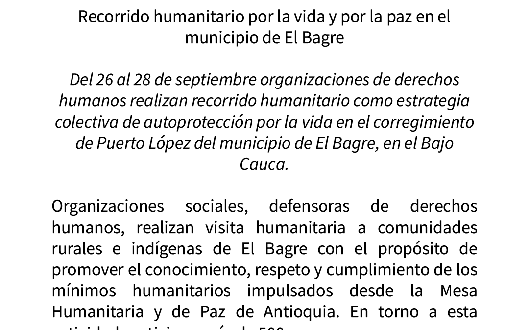 Comunicado a la Opinión Pública. Recorrido humanitario por la vida y por la paz en el municipio de El Bagre